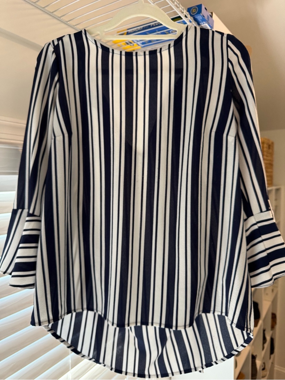 DNA Couture Navy & White Vertical-Stripe Bell Sleeve Blouse